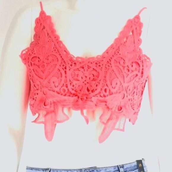 Lacy BOHO Coral/Pink Floral Cropped Bralette Plus Sizes - Picture 2 of 4